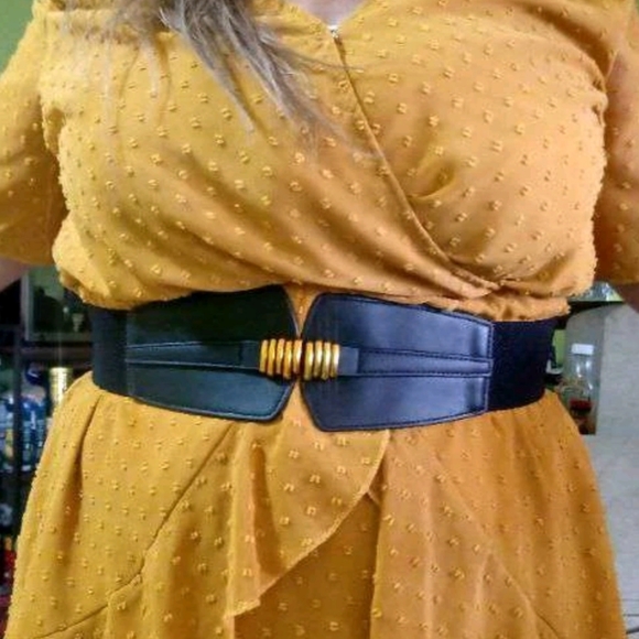 Womens Black Vintage corset boho elastic wide Faux leather gold stick waist belt - Picture 4 of 11